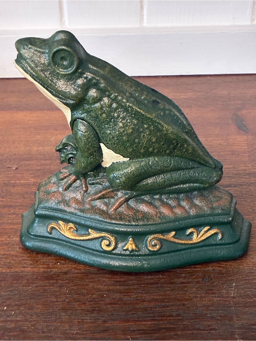 Vintage Wright Studios Cast Iron Frog Doorstop - Hand Painted Green & Gold